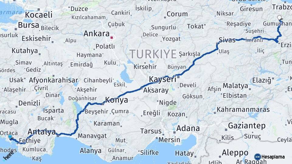 Muğla Dalaman Gümüşhane Arası Kaç Km - Yol Haritası