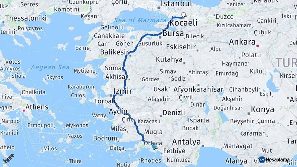 Muğla Dalaman Kocaeli Arası Kaç Km - Yol Haritası