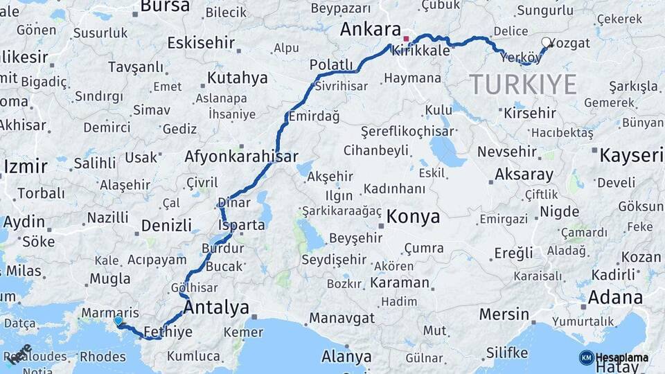 Muğla Dalaman Yozgat Arası Kaç Km - Yol Haritası
