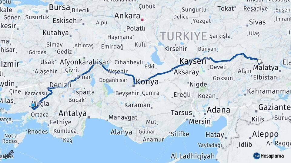 Muğla Darende Malatya Arası Kaç Km - Yol Haritası