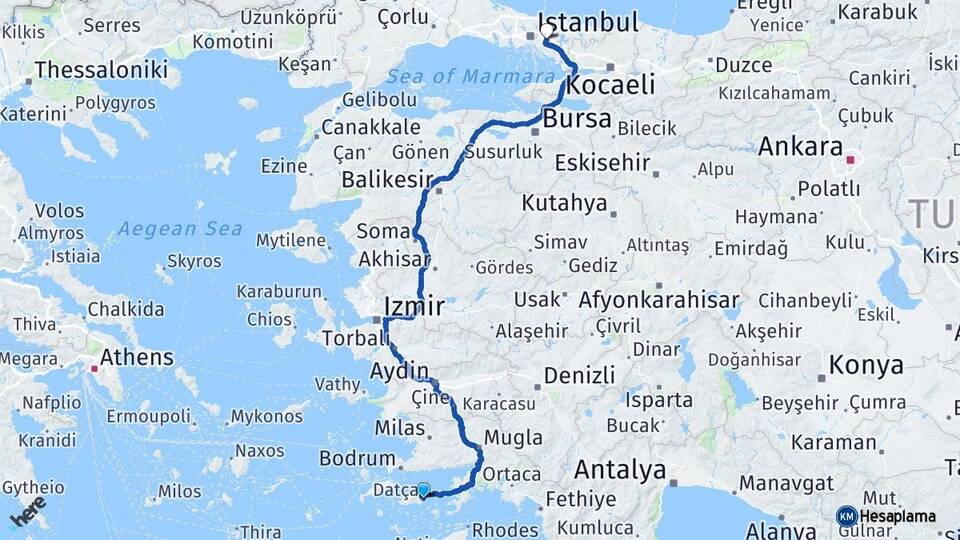 Muğla Datça Çekmeköy İstanbul Arası Kaç Km - Yol Haritası