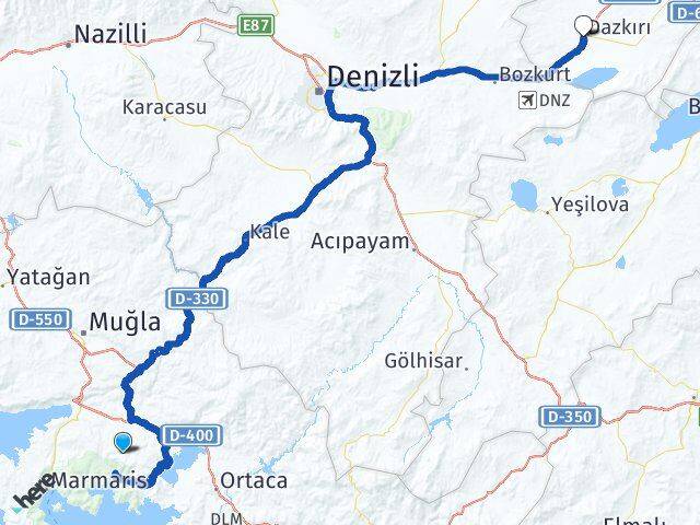 Muğla Dazkırı Afyonkarahisar Arası Kaç Km - Yol Haritası