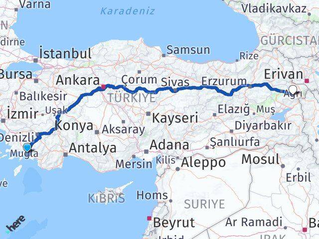 Muğla Diyadin Ağrı Arası Kaç Km - Yol Haritası