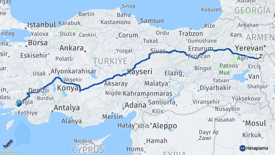 Muğla Doğubayazıt Ağrı Arası Kaç Km - Yol Haritası