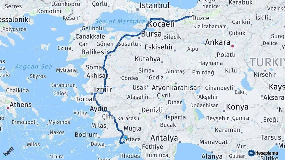 Muğla Düzce Arası Kaç Km - Yol Haritası