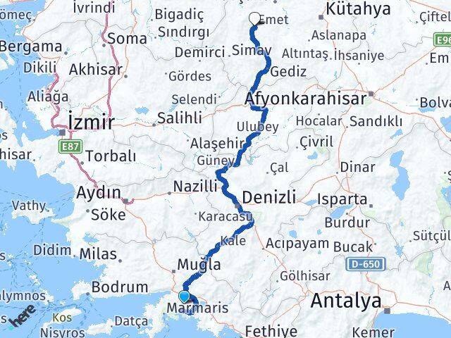 Muğla Emet Kütahya Arası Kaç Km - Yol Haritası