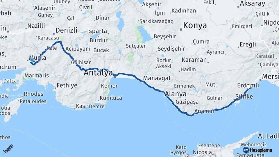 Muğla Erdemli Mersin Arası Kaç Km - Yol Haritası