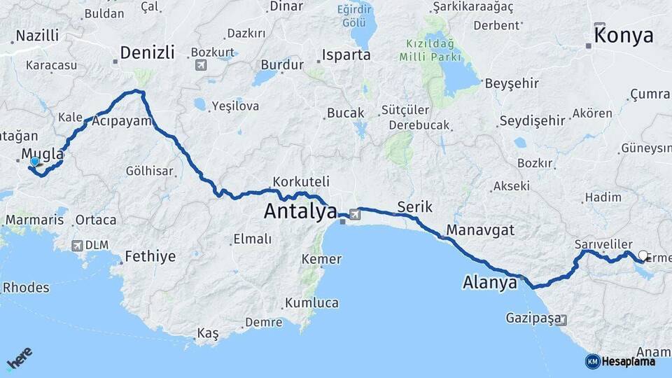 Muğla Ermenek Karaman Arası Kaç Km - Yol Haritası