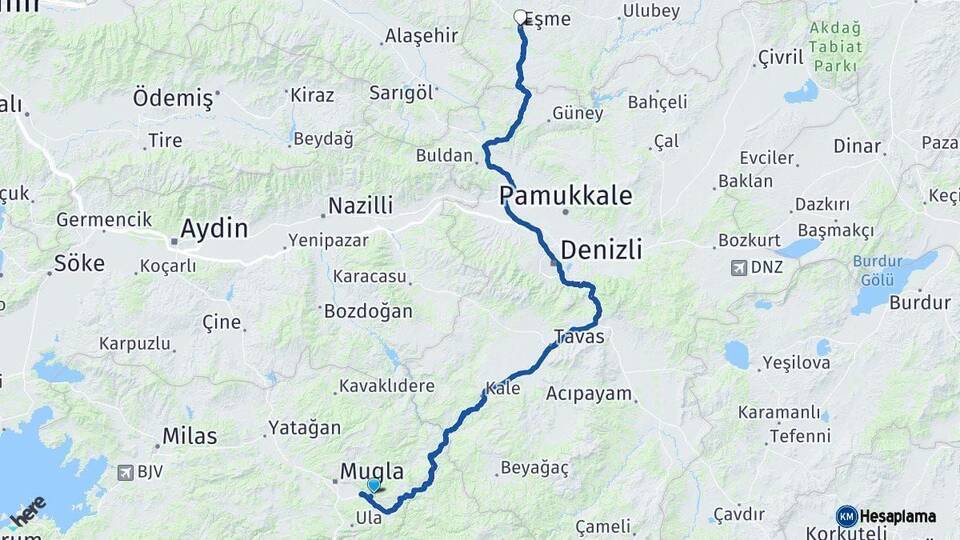 Muğla Eşme Uşak Arası Kaç Km - Yol Haritası