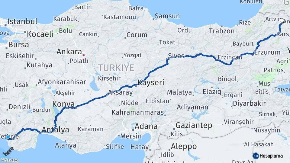 Muğla Fethiye Ardahan Arası Kaç Km - Yol Haritası