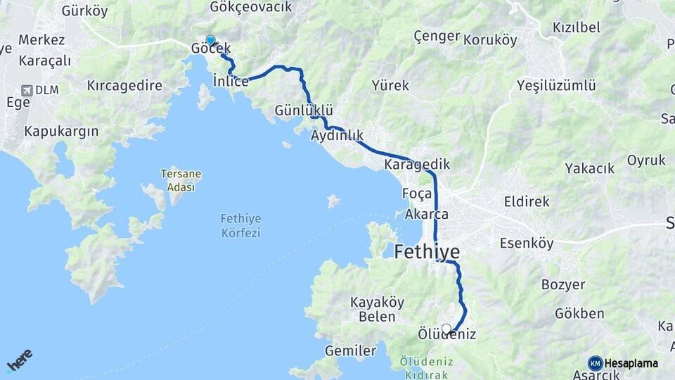 Muğla Fethiye Göcek Ölüdeniz Fethiye Arası Kaç Km - Yol Haritası