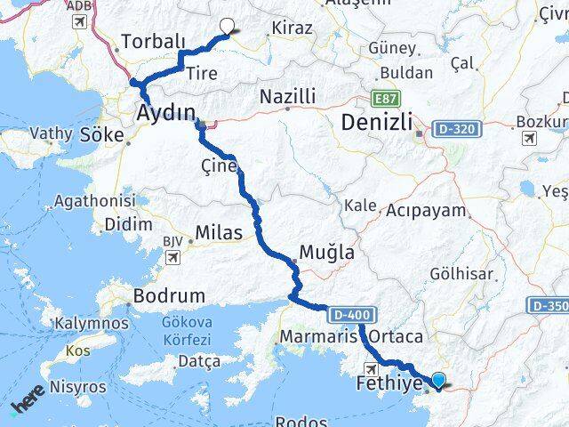 Muğla Fethiye Karaçulha Ödemiş İzmir Arası Kaç Km - Yol Haritası