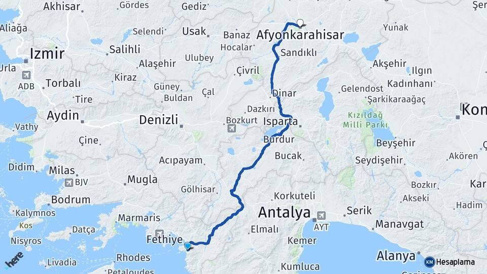 Muğla Fethiye Ölüdeniz Afyonkarahisar Arası Kaç Km - Yol Haritası