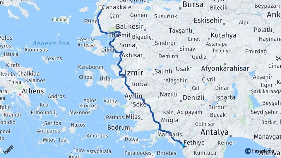 Muğla Fethiye Ölüdeniz Çanakkale Arası Kaç Km - Yol Haritası