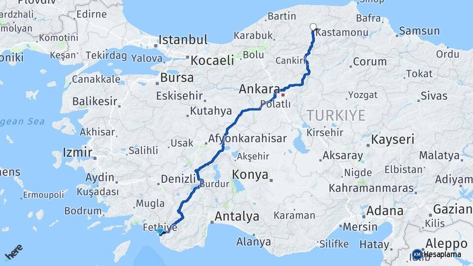 Muğla Fethiye Ölüdeniz Kastamonu Arası Kaç Km - Yol Haritası
