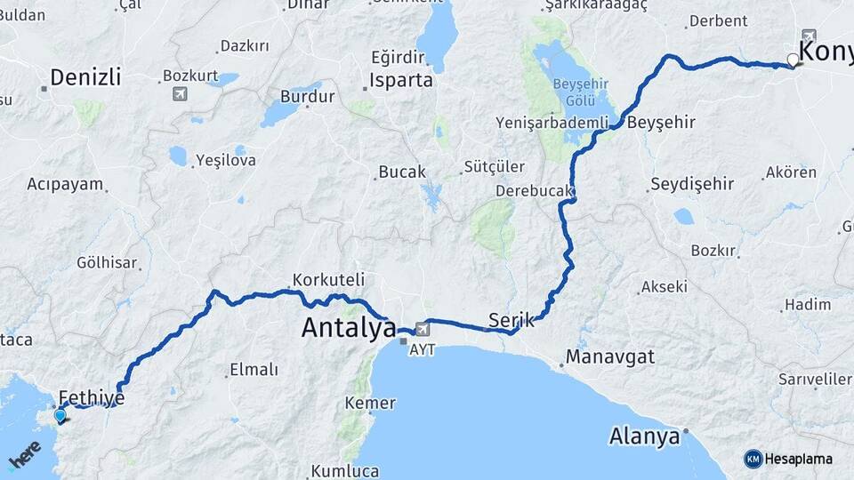 Muğla Fethiye Ölüdeniz Konya Arası Kaç Km - Yol Haritası