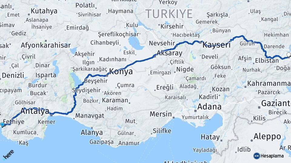 Muğla Fethiye Ölüdeniz Malatya Arası Kaç Km - Yol Haritası