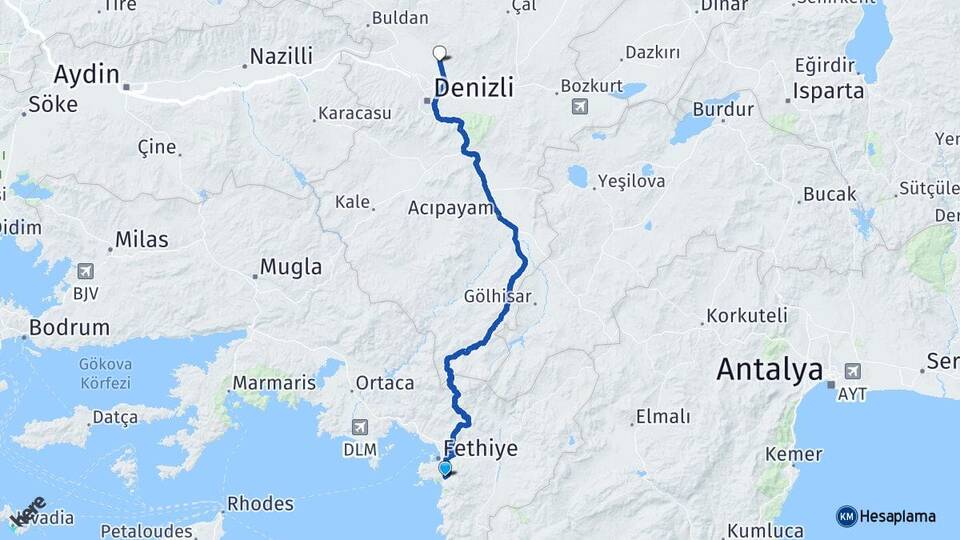 Muğla Fethiye Ölüdeniz Pamukkale Denizli Arası Kaç Km - Yol Haritası