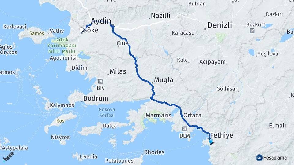 Muğla Fethiye Ölüdeniz Söke Aydın Arası Kaç Km - Yol Haritası