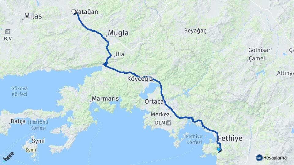 Muğla Fethiye Ölüdeniz Yatağan Arası Kaç Km - Yol Haritası