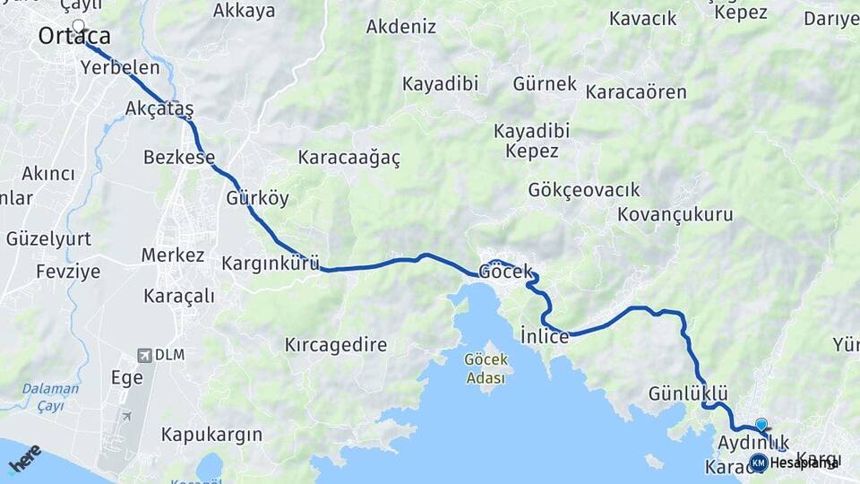 Muğla Fethiye Yanıklar Ortaca Arası Kaç Km - Yol Haritası