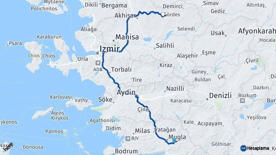 Muğla Gördes Manisa Arası Kaç Km - Yol Haritası
