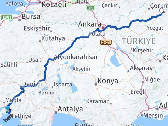 Muğla Göynücek Amasya Arası Kaç Km - Yol Haritası
