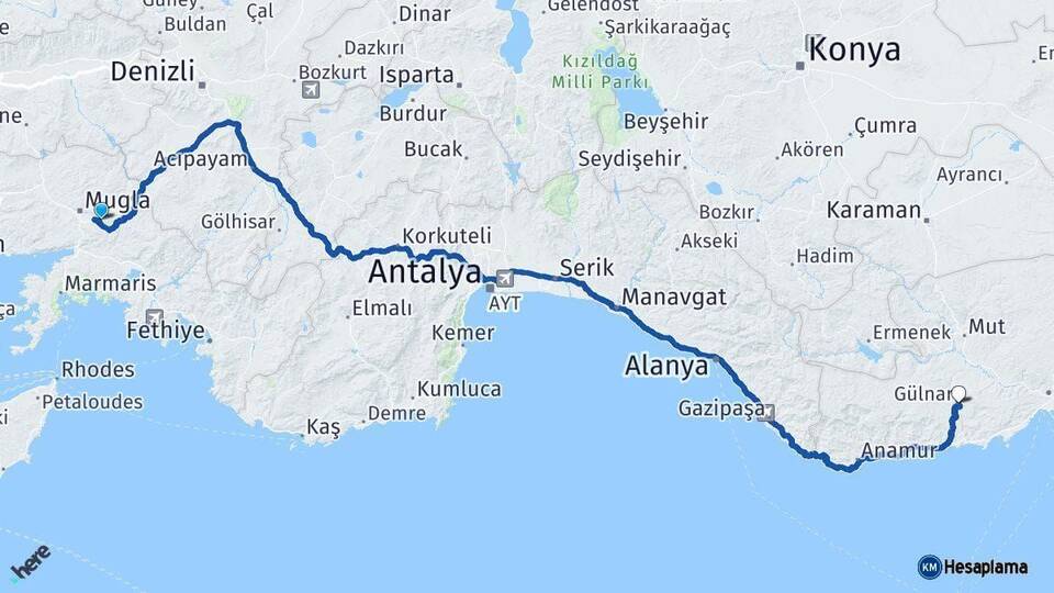 Muğla Gülnar Mersin Arası Kaç Km - Yol Haritası