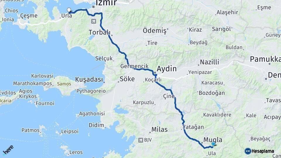 Muğla Güzelbahçe İzmir Arası Kaç Km - Yol Haritası