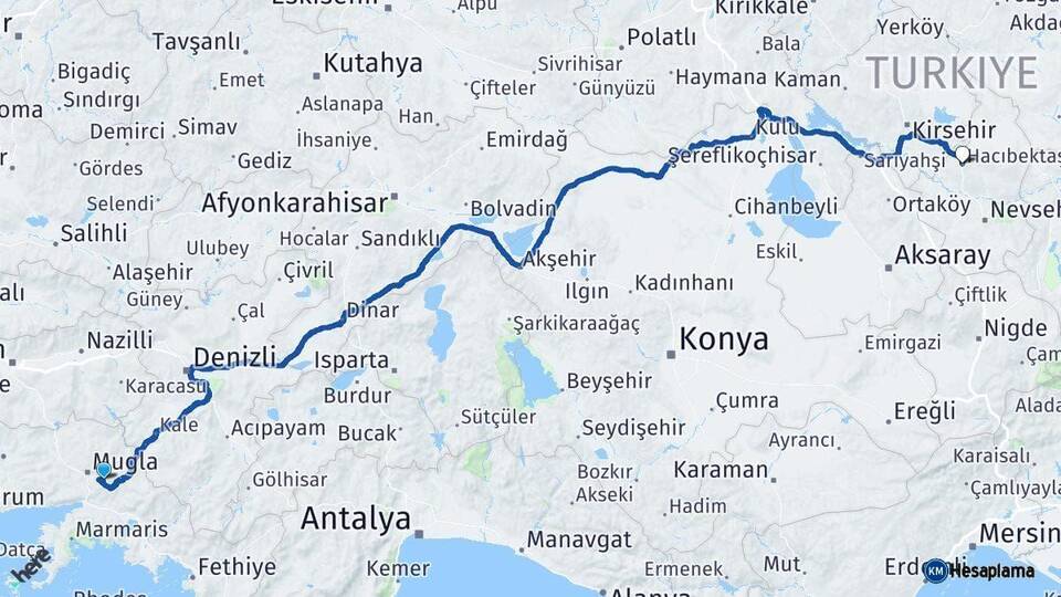 Muğla Hacıbektaş Nevşehir Arası Kaç Km - Yol Haritası