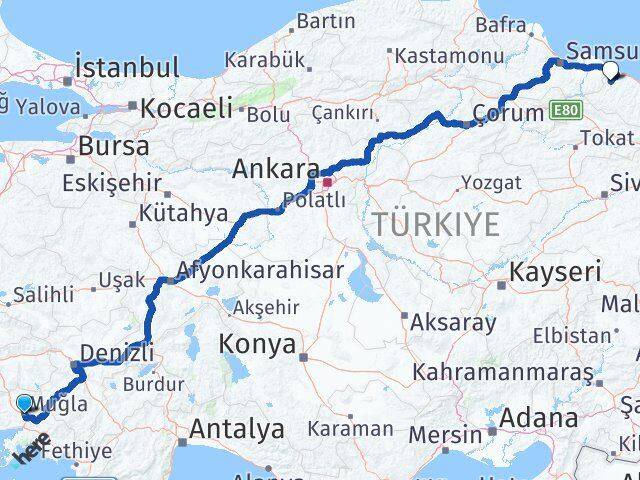 Muğla İkizce Ordu Arası Kaç Km - Yol Haritası