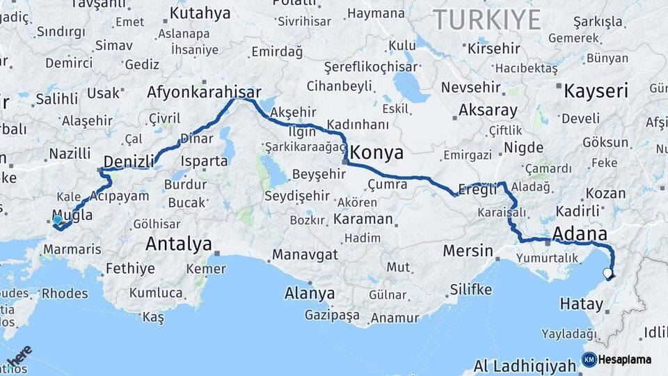 Muğla İskenderun Hatay Arası Kaç Km - Yol Haritası