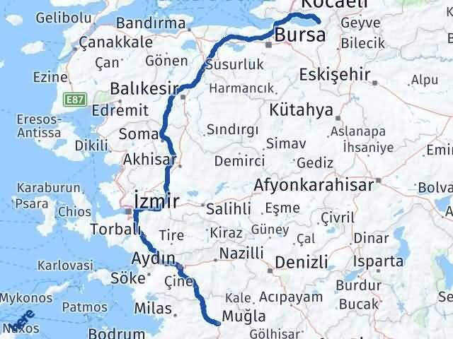 Muğla İznik Bursa Arası Kaç Km - Yol Haritası