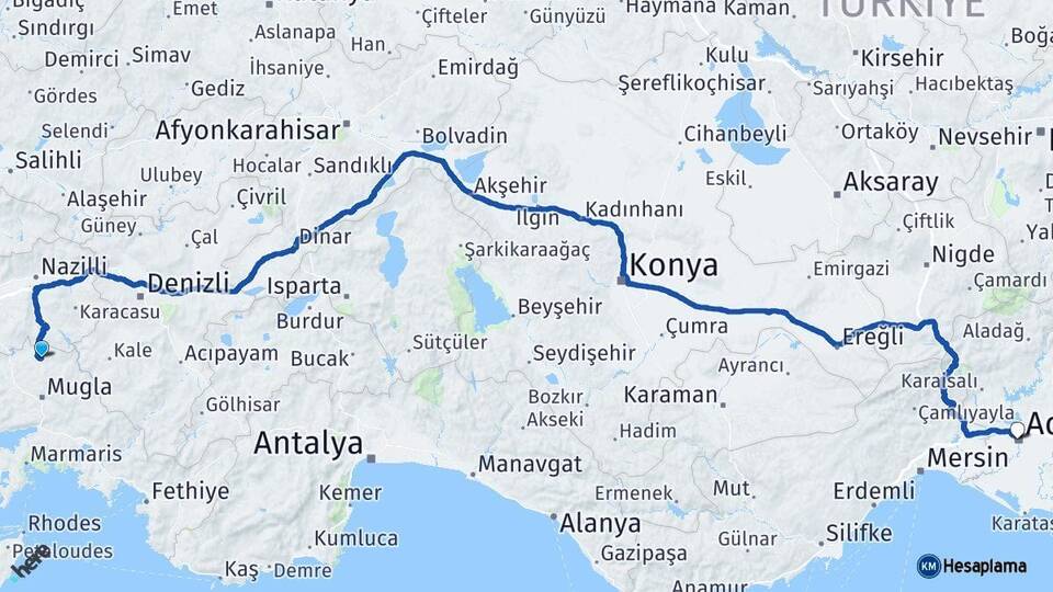 Muğla Kavaklıdere Adana Arası Kaç Km - Yol Haritası