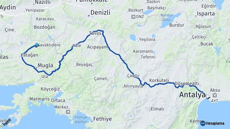 Muğla Kavaklıdere Antalya Arası Kaç Km - Yol Haritası