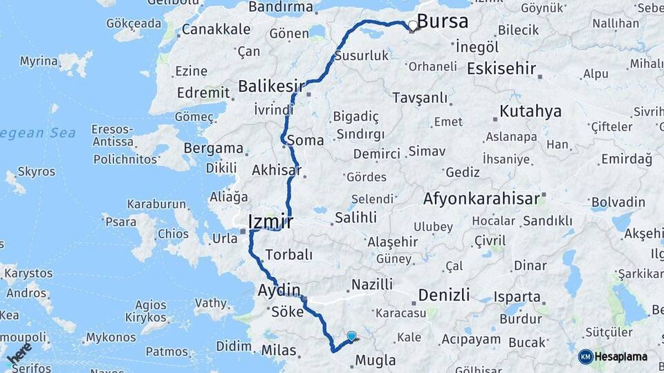 Muğla Kavaklıdere Bursa Arası Kaç Km - Yol Haritası