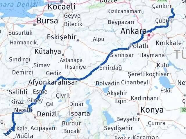 Muğla Kavaklıdere Çankırı Arası Kaç Km - Yol Haritası