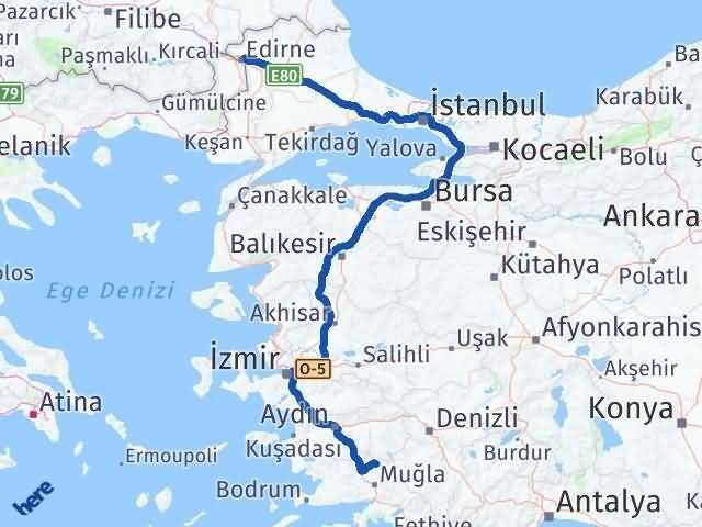 Muğla Kavaklıdere Edirne Arası Kaç Km - Yol Haritası