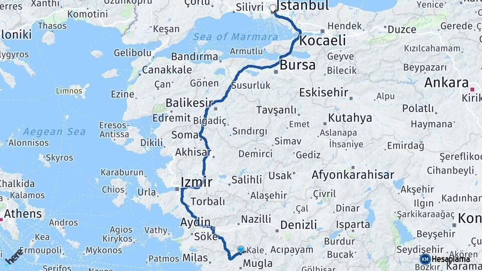 Muğla Kavaklıdere İstanbul Arası Kaç Km - Yol Haritası