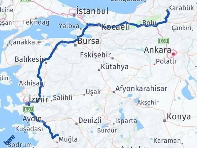 Muğla Kavaklıdere Karabük Arası Kaç Km - Yol Haritası