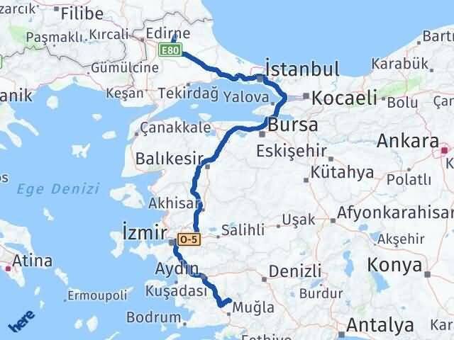 Muğla Kavaklıdere Kırklareli Arası Kaç Km - Yol Haritası