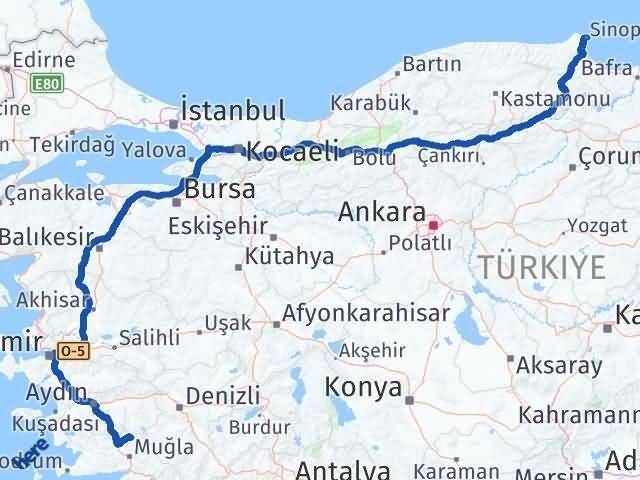 Muğla Kavaklıdere Sinop Arası Kaç Km - Yol Haritası