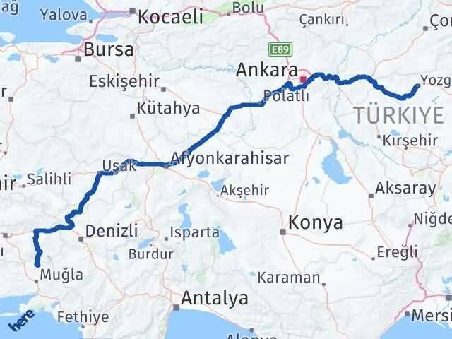 Muğla Kavaklıdere Yozgat Arası Kaç Km - Yol Haritası