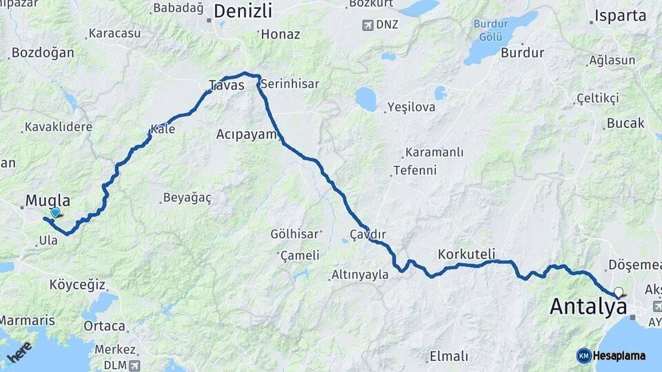 Muğla Kepez Antalya Arası Kaç Km - Yol Haritası