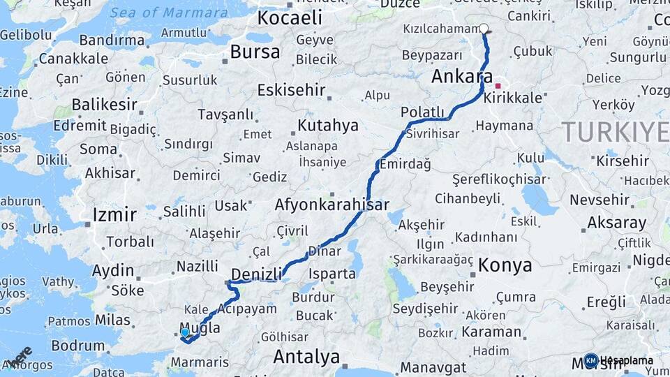 Muğla Kızılcahamam Ankara Arası Kaç Km - Yol Haritası