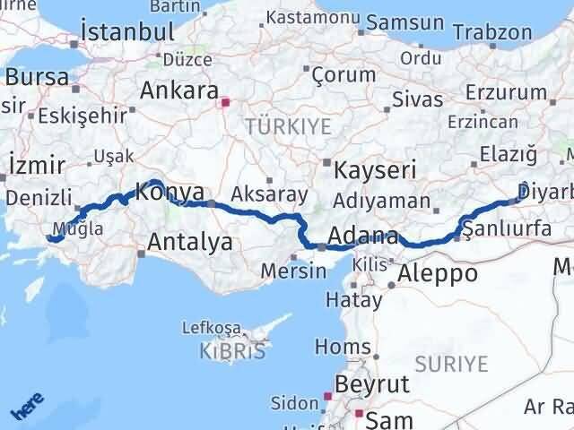 Muğla Kocaköy Diyarbakır Arası Kaç Km - Yol Haritası