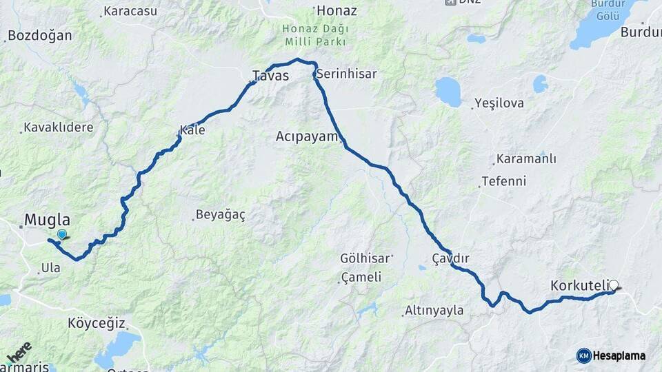 Muğla Korkuteli Antalya Arası Kaç Km - Yol Haritası