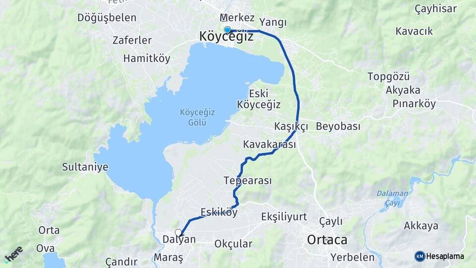 Muğla Köyceğiz Dalyan Ortaca Arası Kaç Km - Yol Haritası
