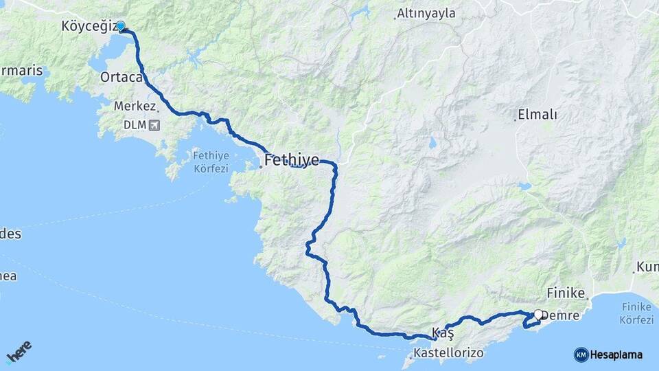 Muğla Köyceğiz Demre Antalya Arası Kaç Km - Yol Haritası