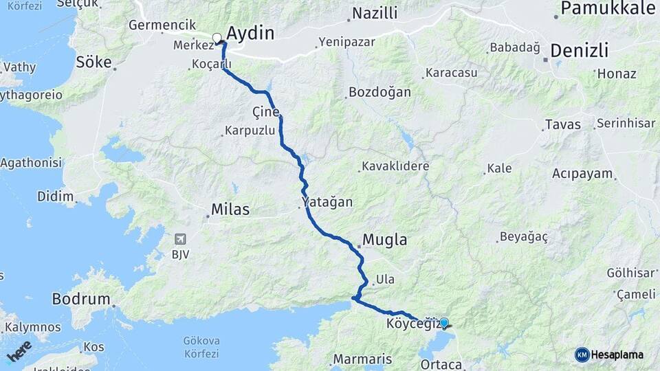 Muğla Köyceğiz Efeler Aydın Arası Kaç Km - Yol Haritası